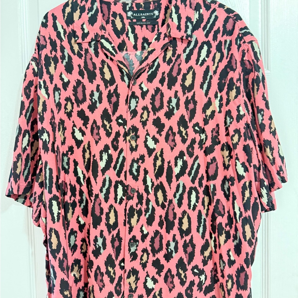 All Saints Men's Bold Leopard Print Shirt - Pink, Black, and Cream